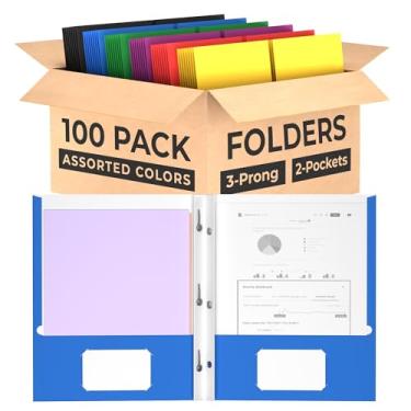 Imagem de Pastas de 3 pinos com dois bolsos a granel (pacote com 100) 2 pastas de bolso com abas escolar, material de casa ou escritório (100, cores sortidas)