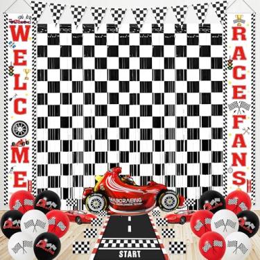 Imagem de Crenics Decorações de festa de aniversário de carro de corrida - Placa de boas-vindas para fãs de corrida, cortinas de franja de folha preta e branca, bandeira, pista e balões para artigos de festa de
