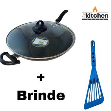 Imagem de Panela Frigideira Wok Antiaderente Teflon Preto n32 + Brinde Cor:Azul 