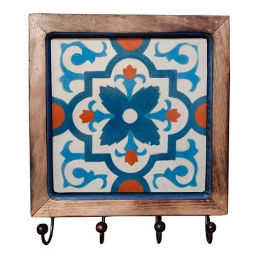 Imagem de Cabideiro Em Madeira Com Ladrilho Hidráulico Porta Chaves Roupas Bolsas Ladrilho A2