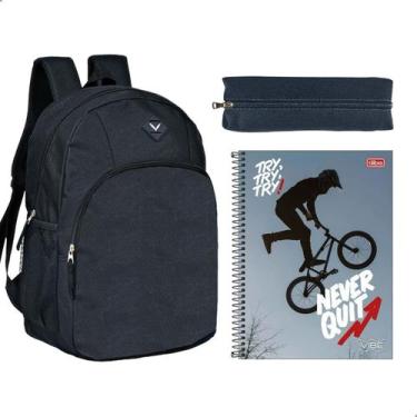 Imagem de Kit Material Escolar Masculino Mochila Caderno Estojo - - Preto - Daru