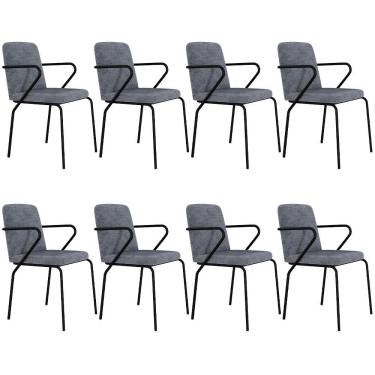 Imagem de Kit 08 Cadeiras Estofada Para Sala De Jantar Com Braço Loft Preto C01 Linho Prata - Lyam Decor