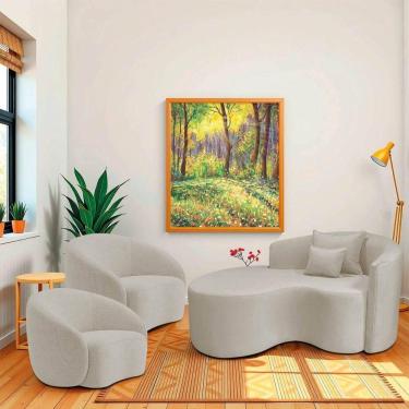 Imagem de Kit Recamier Curvo Sala De Estar 150cm Lado Esquerdo E 2 Poltronas Orgânica Luxo Amore Linho Bege