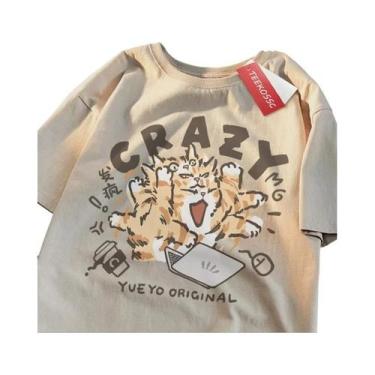 Imagem de Camiseta Feminina Verde Claro Crazy Orange Cat Engraçada De Manga Curt