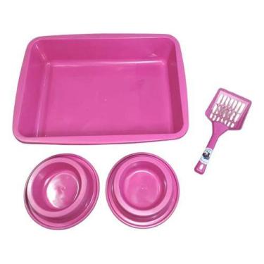 Imagem de Caixa De Areia Para Gato Bandeja Com Pá Coletora + 2 Tigelas Rosa - Br