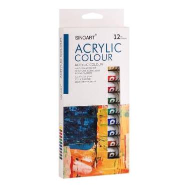 Imagem de Estojo Tinta Acrílica Sinoart 12 Cores + Conjunto 6 Pincéis