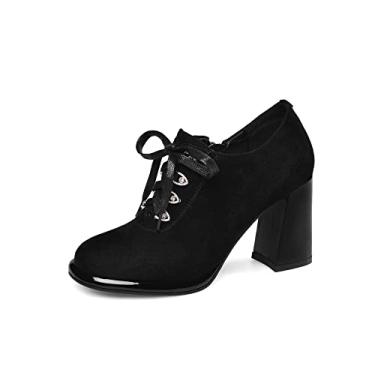 Imagem de TinaCus Sapato feminino de camurça com bico redondo, feito à mão, com zíper lateral, salto alto e grosso, Preto, 7.5