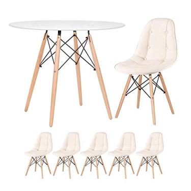 Imagem de Loft7 Home Decor, Kit Mesa Eames Eiffel 90 cm + 5 Cadeiras Estofadas Botonê - Creme