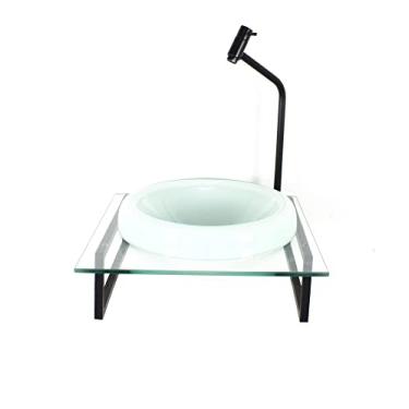 Imagem de GABINETE COM CUBA DE VIDRO CHAPEU 10MM BRANCA COM TAMPO 40CM INCOLOR MAIS TORNEIRA METAL PRETA