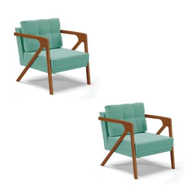 Imagem de 02 Poltronas Suede Azul Turquesa Base De Madeira Castanho