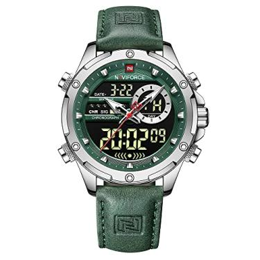 Imagem de NAVIFORCE Relógio masculino masculino multifunções militar à prova d'água relógio de couro analógico digital quartzo cronógrafo relógios para homens, Verde