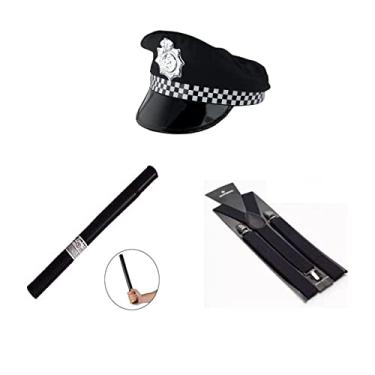 Imagem de Genérico - Fantasia de Policial C/Quepe Preto e Branco Cassetete e Suspensório para Crianças Unissex a partir de 10 anos