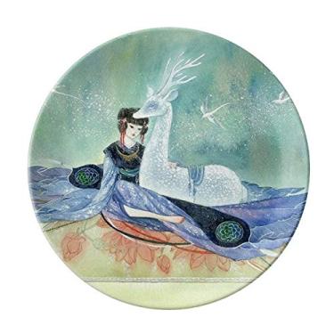 Imagem de Prato de ilustrador antigo chinês de cervo branco decorativo de porcelana salver louça de jantar