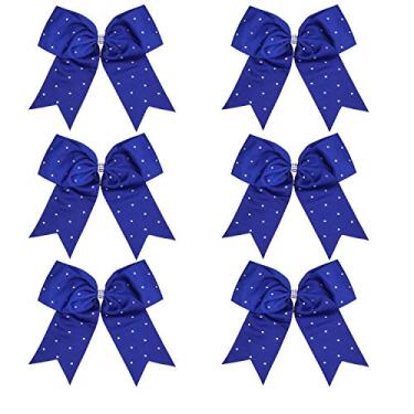 Imagem de Laço de líder de torcida Jumbo de 20 cm com strass e suporte de rabo de cavalo para torcida gravata de cabelo 6 peças Faculdade, Royal Blue