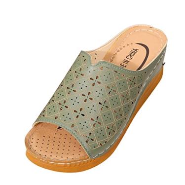 Imagem de Sandálias de cunha para mulheres plataforma Summe sapatos femininos oco e sandálias moda romana primavera costura feminina (verde, 8)
