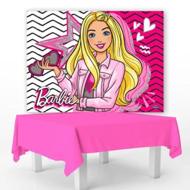 Imagem de Kit Festa Barbie Decoração Aniversá Toalha Rosa + Painel Tnt - Festcol