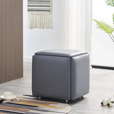 Imagem de Cadeira cúbica de aninhamento 5 em 1 - Bancos empilháveis ​​com apoios para pés dobráveis ​​sobre rodas - Conjunto versátil de móveis para sala de estar e jantar com assentos de couro sintét