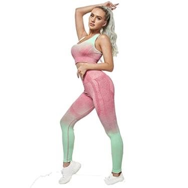 Imagem de Yajun Roupas de ioga gradiente femininas sem costura lindo conjunto de sutiã esportivo de secagem rápida colete de treino levanta bumbum calças de ginástica, rosa, P (peito: 32 cm)