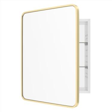 Imagem de WallBeyond Armário de remédios para banheiro com espelho, armário de remédios embutido dourado de 56 x 71 cm com moldura de metal de liga de alumínio de canto redondo, medicamento de porta única com