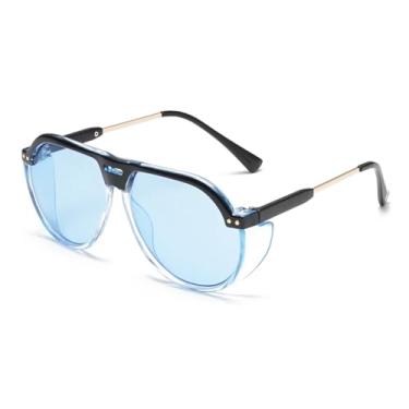 Imagem de BAODAREN Óculos de sol aviador retrô modernos para mulheres e homens, armação grande, proteção lateral, óculos escuros BS1600, Lente azul/azul transparente