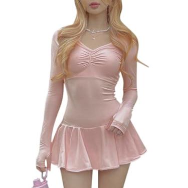Imagem de Micro vestido feminino de manga comprida, gola V, busto franzido, saia balletcore, vestido estético, rosa, M