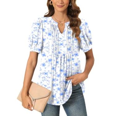 Imagem de Anyally Blusa feminina casual elegante de verão manga curta túnica tops plissados para o trabalho, Flor de cerejeira azul plissada, 3G