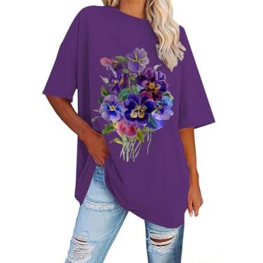 Imagem de Camiseta feminina de conscientização de Alzheimers, estampa floral, roxa, gola redonda, caimento solto, manga curta, Azul, XXG