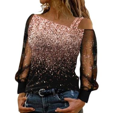 Imagem de Aniywn Camiseta feminina de manga comprida com ombro de fora e lantejoulas de malha com glitter, blusa de festa, clube, blusa Y2K, A2 - ouro rosa, M
