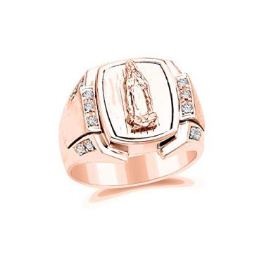 Imagem de Savlano Anel de sinete religioso feminino feminino com zircônia cúbica de corte redondo banhado a ouro rosa 18K Lady of Guadalupe, Metal, Zircônia cúbica