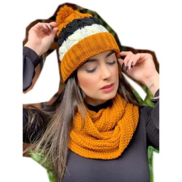 Imagem de Conjunto Touca Pompom Listrada Com Cachecol Gola Lã Macio Quentinho - 