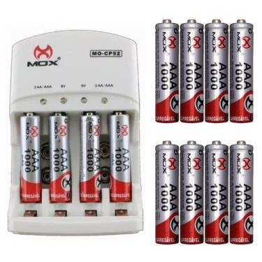 Imagem de Kit 12 Pilhas AAA 1000mAh +Carregador Super Rápido AA/AAA/9V - Mox