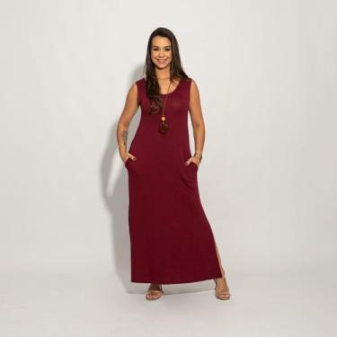 Imagem de Vestido Regata Liso Longo com Fenda Lateral e Bolso - Catwalk, Vinho, 