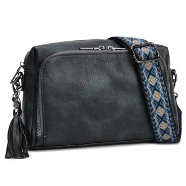 Imagem de Bolsas femininas transversais, bolsa tiracolo média de couro vegano para mulheres, bolsa carteiro transversal carteira embutida, Preto, azul, Large