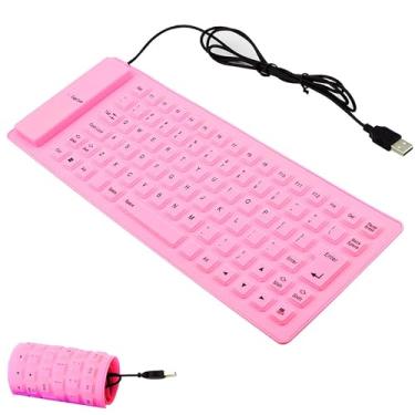 Imagem de Generic Teclado dobrável silencioso, portátil, de silicone, com fio, interface USB + PS2, conversível, à prova d'água e à prova de poeira para computadores de mesa, notebooks, 85 teclas (rosa)