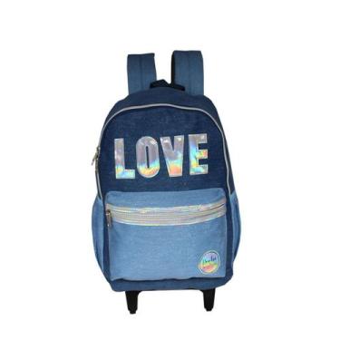 Imagem de Mochila Escolar Rodinhas Love Juvenil Denlex Holográfica, azul