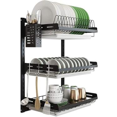 Imagem de Escorredor de pratos de cozinha montado na parede de aço inoxidável com ganchos, gaiola de pauzinhos e suporte de faca, prateleira de utensílios de cozinha, organizador de utensílios (2/3 camadas)