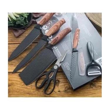 Imagem de Super Jogo de facas churrasco cozinha 6 peças aço inox 304 cor preto -