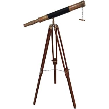 Imagem de Telescópio antigo com couro preto e tripé de madeira – Espião real marinho vintage para uso educacional, decoração de casa e escritório, suporte de exibição náutico