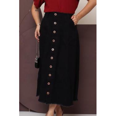 Imagem de Saia Jeans Longa Preta Toda Lisa Com Botões e Bolsos Moda Evangélica 1