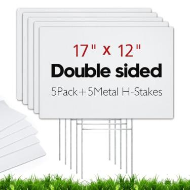 Imagem de Placas de jardim em branco com estacas de metal, pacote com 5 placas de gramado de plástico ondulado 43,3 x 30,5 cm, dupla face, letreiro de venda ao ar livre, venda de garagem, casa aberta, venda de