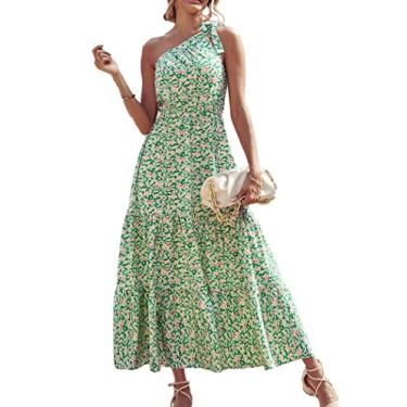 Imagem de PRETTYGARDEN Vestido maxi floral de verão feminino com nó de um ombro único sem mangas com babados e babados, Verde, branco, M