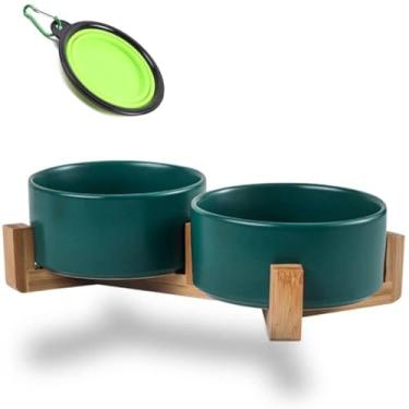 Imagem de Petygooing Tigelas para cães, conjunto de tigelas de cerâmica verde para cães e gatos com suporte para alimentador de comida e água, pratos modernos antiderrapantes para gatos, cachorros de tamanho