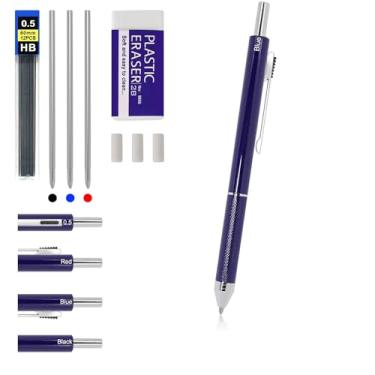 Imagem de RANBOS Caneta multifuncional 4 em 1 de quatro cores, caneta esferográfica preta/vermelha/azul e lapiseira de 0,5 mm, caneta de metal, ótimo presente para amigos, entes queridos (azul)