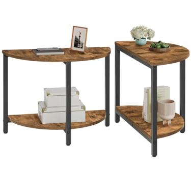Imagem de YATINEY Conjunto de 2 mesas de centro redondas de 59,9 cm, mesa de meia lua, mesa de cabeceira de 2 camadas com prateleiras abertas, mesa de entrada para sala de estar, quarto, marrom rústico KF02BR