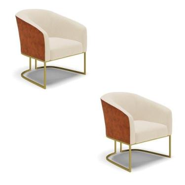 Imagem de Kit 02 Poltronas Nozes Com Linho Bege A19 Base Dourada - DROSSI