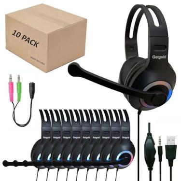 Imagem de Getgold Fones de ouvido infantis com microfone, pacote com 10, cabo de 3,5 mm com fio de 1,5 m, fones de ouvido a granel para escola, sala de aula, primário à universidade, serve para todos os