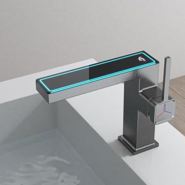 Imagem de Torneira de banheiro inteligente com display digital de LED totalmente em cobre, com visor de temperatura e luz ambiente, torneira de pia com mistura quente e fria, adequada para lavatórios e pias