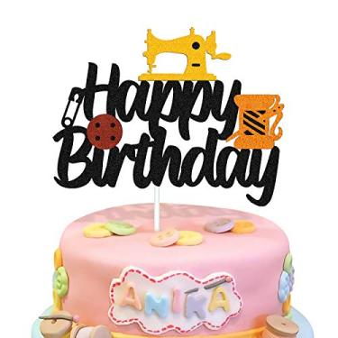 Imagem de Máquina de costura, topo de bolo, sinal de feliz aniversário, decorações de bolo para costureira, tema de alfaiate, mulheres, mãe, artigos de festa de aniversário, decoração de glitter preto