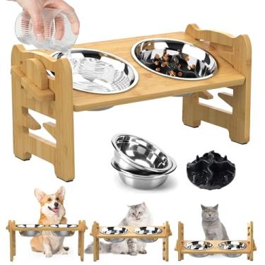 Imagem de Tigelas elevadas ajustáveis para cães, tigela elevada, antiderrapante, suporte de bambu natural com 2 tigelas de ração para cães de aço inoxidável e 1 tigela de alimentação lenta para cães