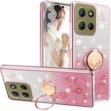 Imagem de Ephoou Capa para Motorola Moto G15/Moto G15 Power com suporte de anel, flores de diamante brilhantes com design floral de glitter transparente macio TPU para Motorola Moto G15 HSF-Rosa
